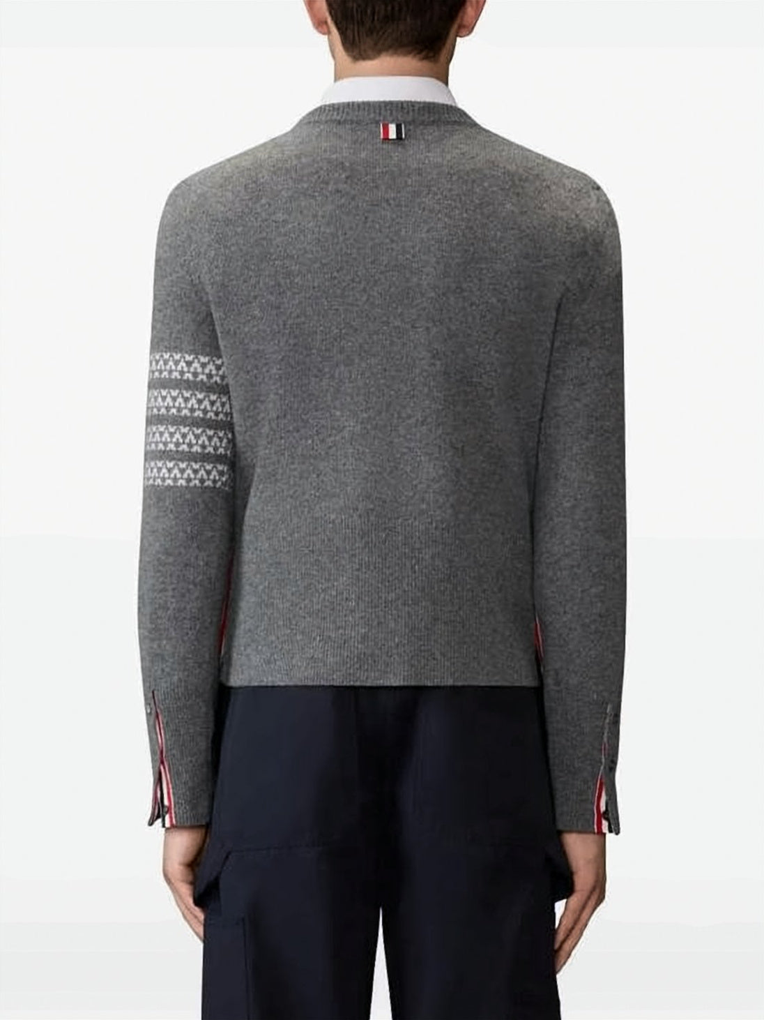 Patterned Grey Wool Sweater with Dog Motif and Geometric Design