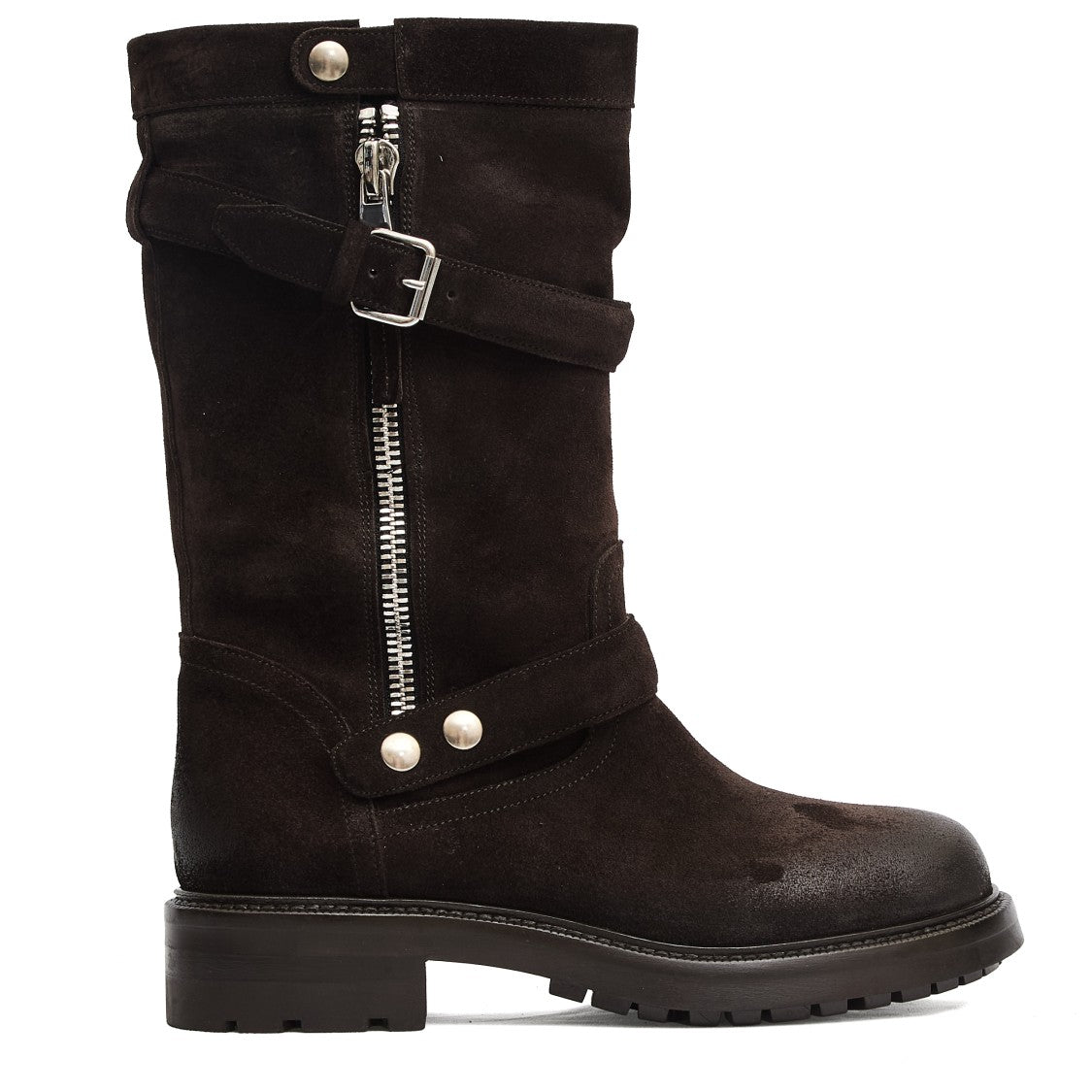Dark Brown Suede Biker Ankle Boots With Zipper And Buckle Accents
