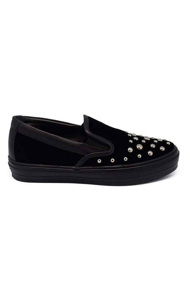 Black Velvet Slip-On With Metallic Studs