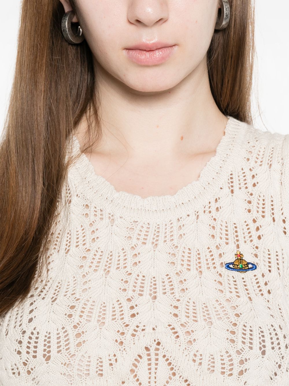 Cream Openwork Knit Logo Sleeveless Top