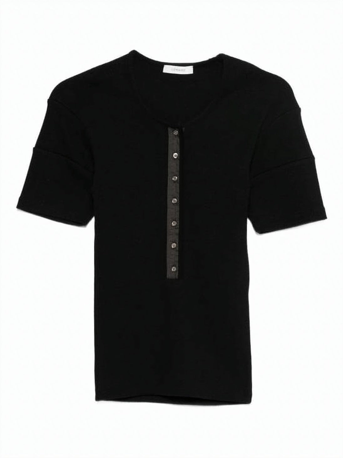 Fitted Black Short-Sleeved Top with Central Button Placket