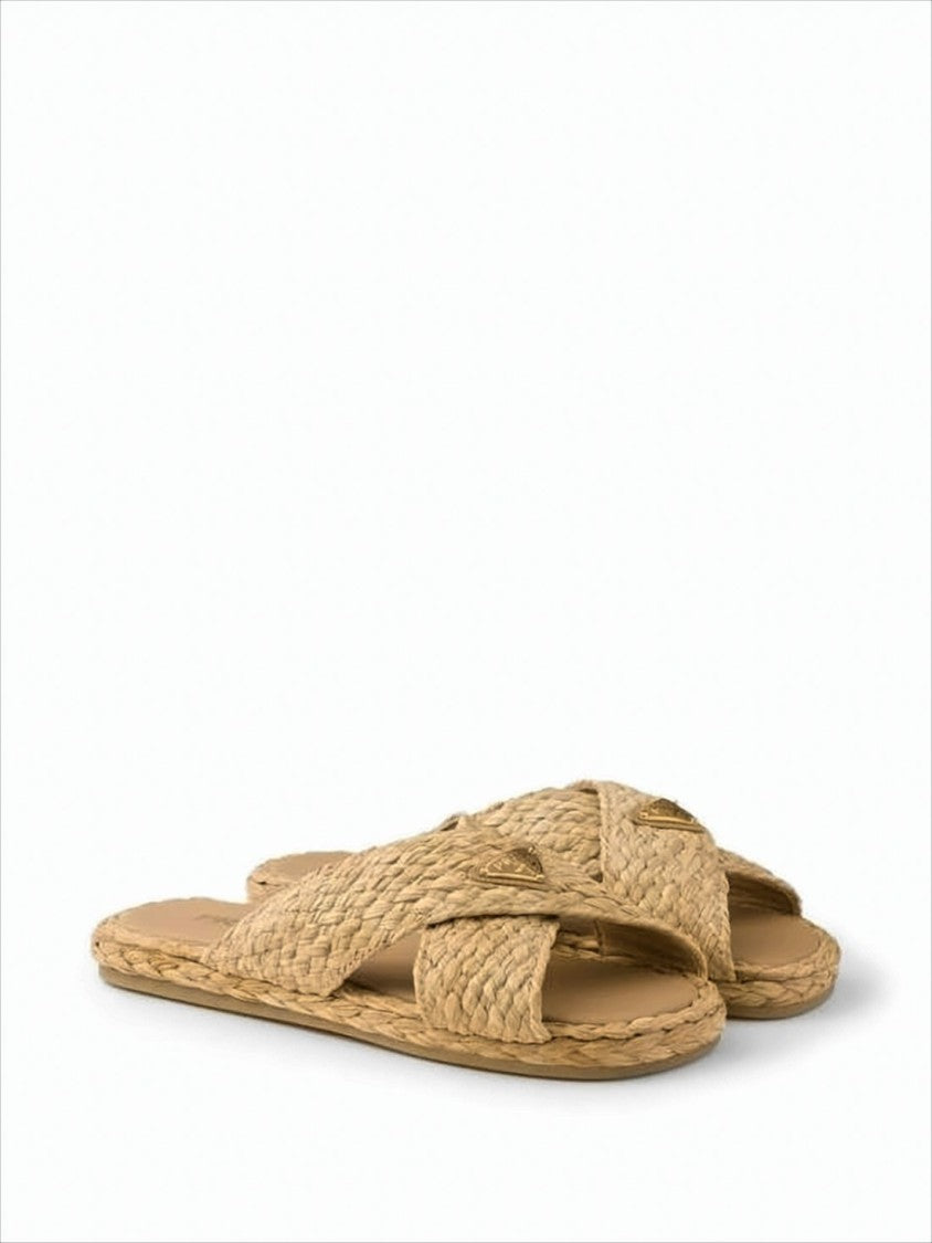 Woven Raffia Slip-On Mules With Triangular Logo Accent