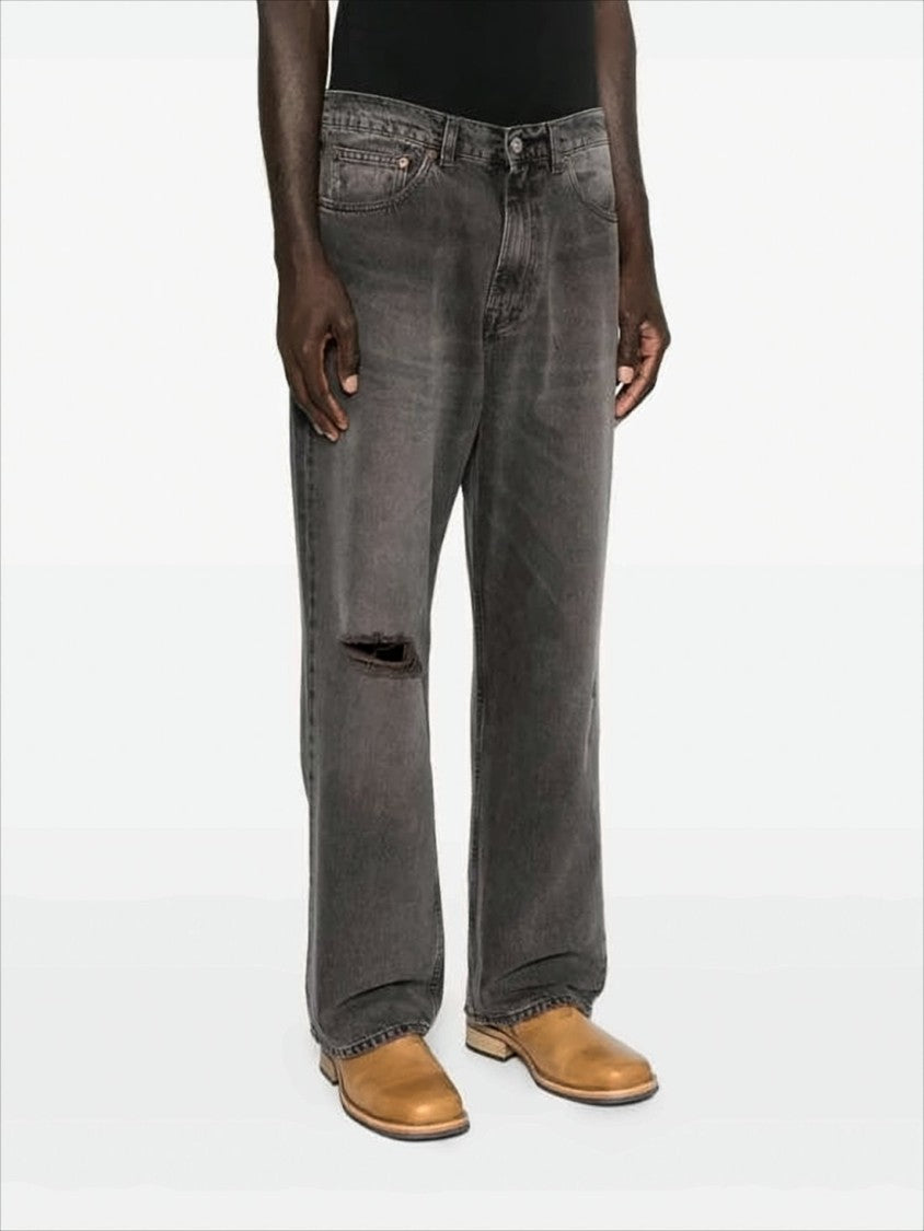 Distressed Black Denim Pants with Relaxed Fit