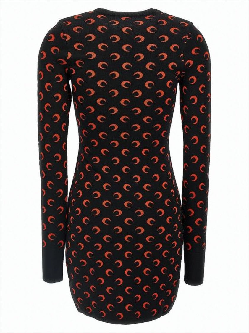 Fitted Black Mini Dress With Long Sleeves And Crescent Pattern
