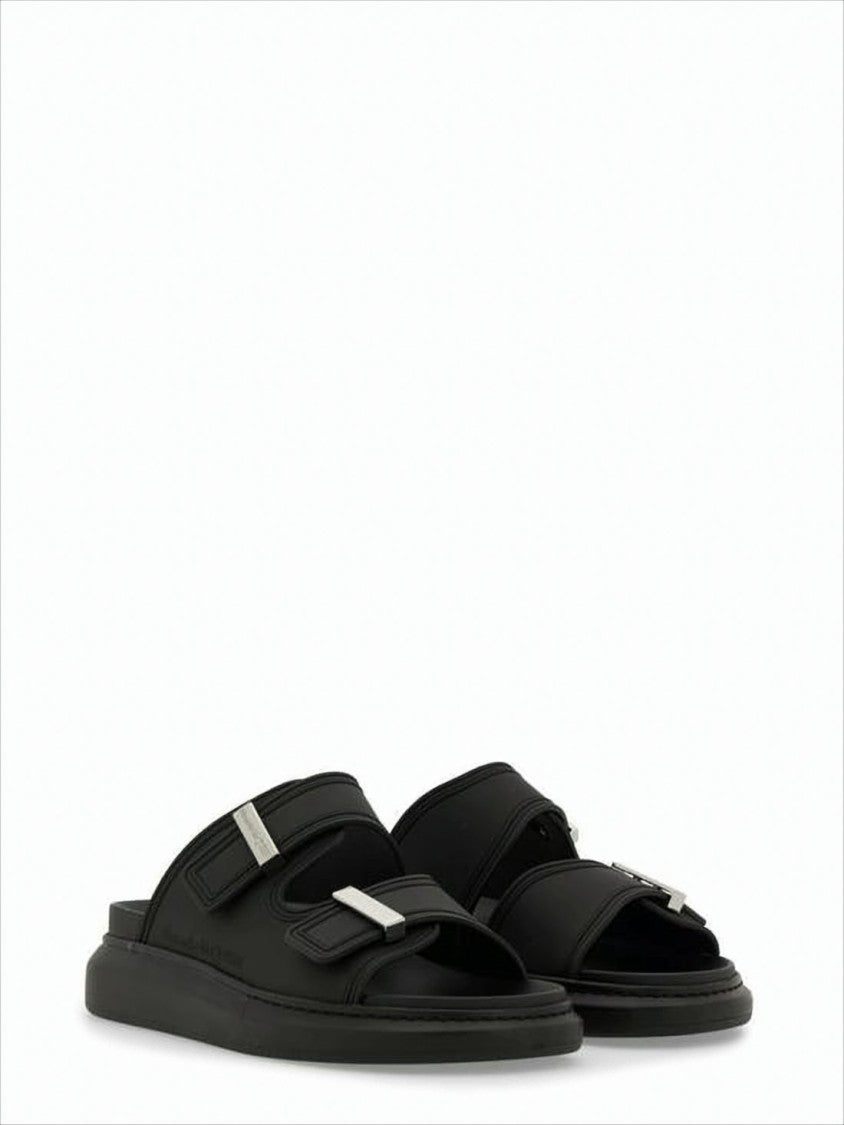 Black Rubber Slip-On Mules with Adjustable Straps