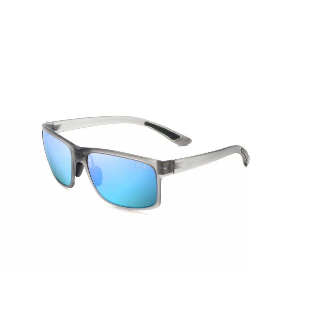 Pokowai Arch Translucent Grey Rectangular Sunglasses with Reflective Blue Lenses