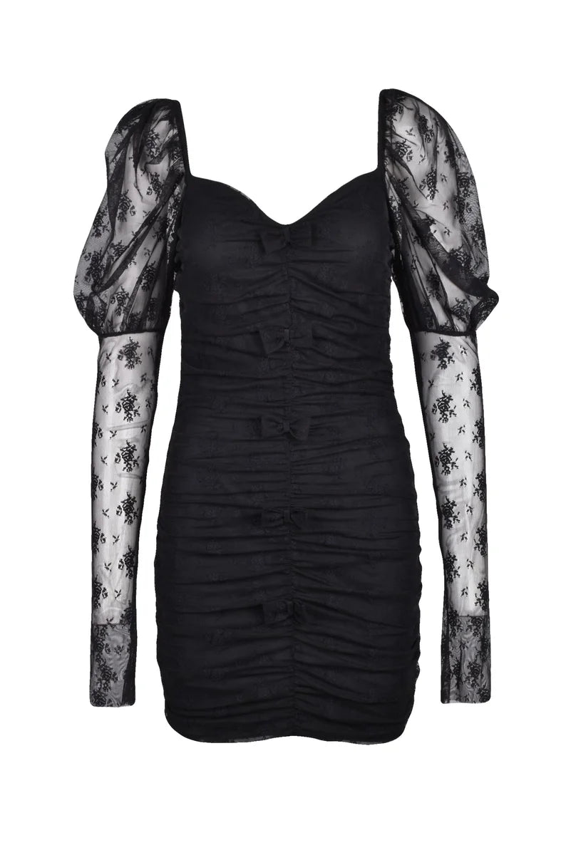 Ruched Voile Sheath Dress - Black