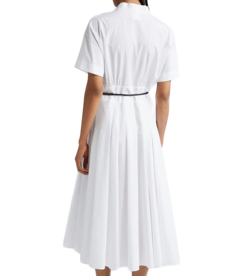 V-Neck White Midi Dress with Fitted Waist