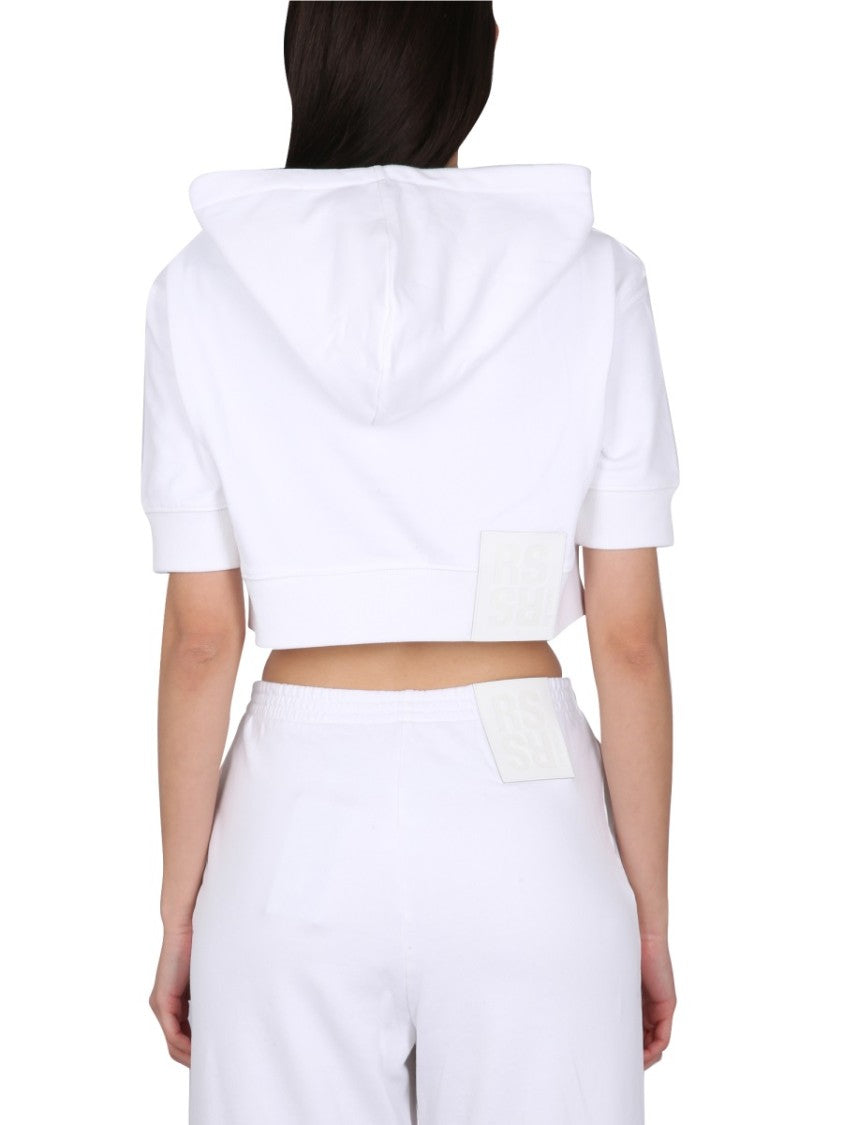 Cropped White Sweatshirt With Drawstring Hood
