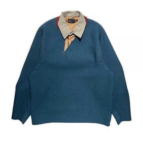 Deep Blue Polo Shirt with Beige Collar and Maroon Accents