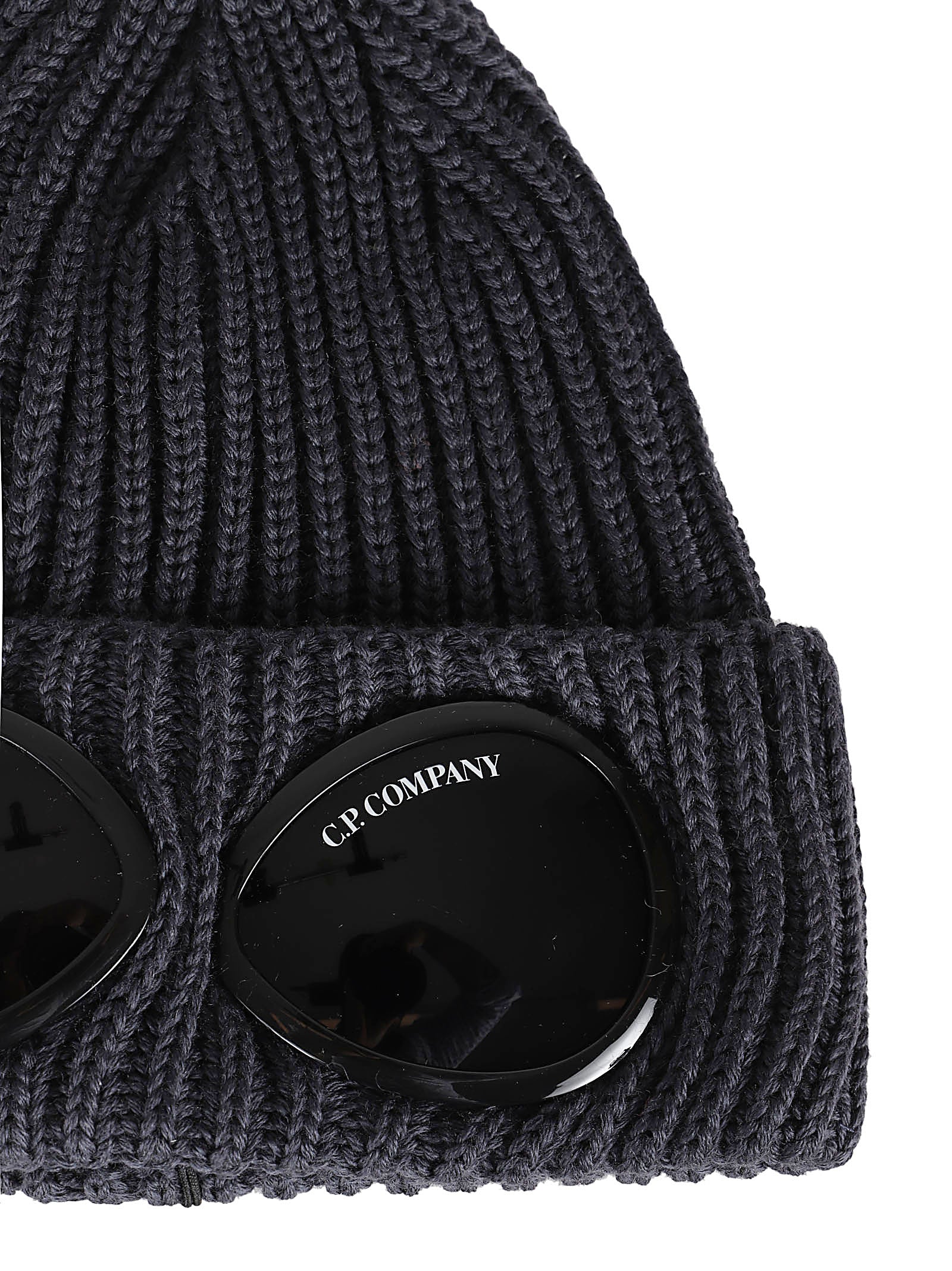 Ribbed Knit Beanie Hat with Integrated Goggle Lenses