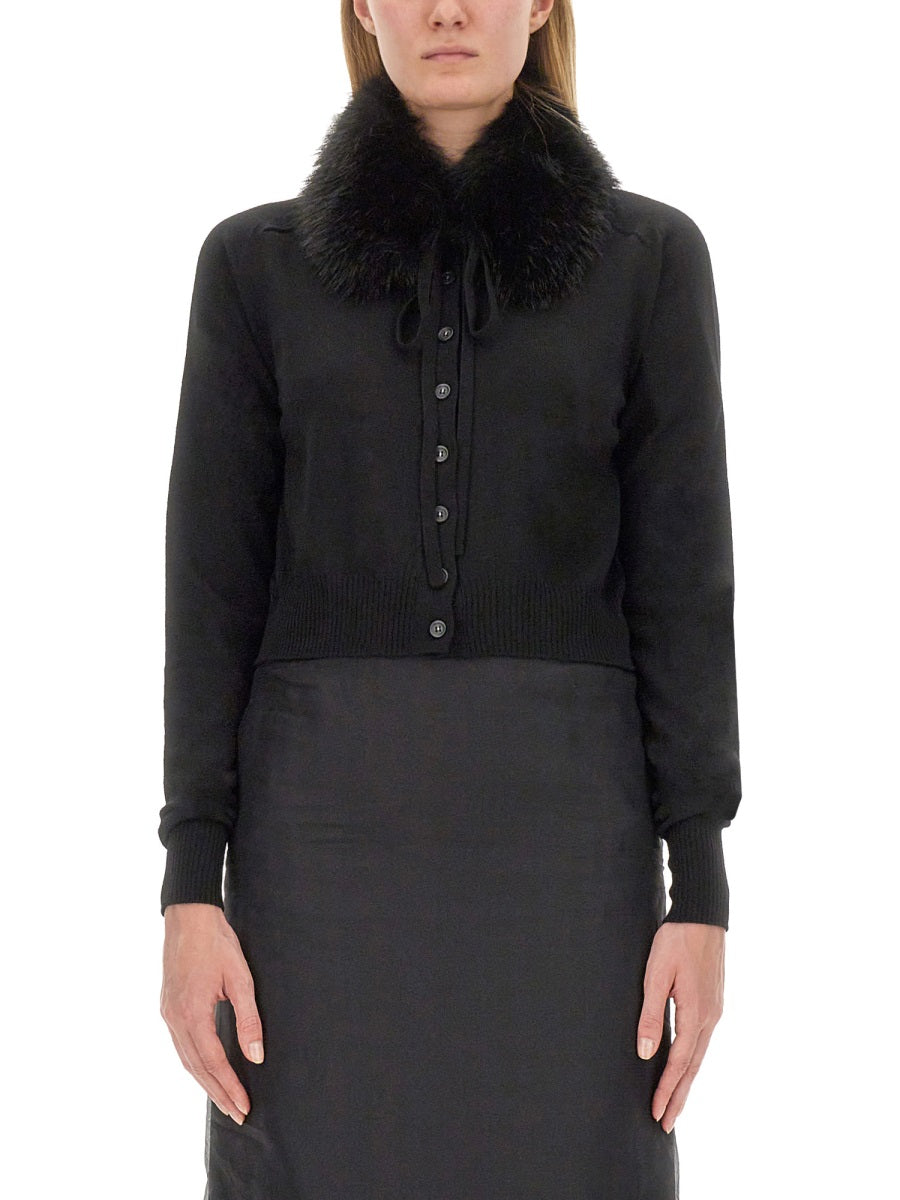 Cropped Black Cardigan With Plush Fur Collar