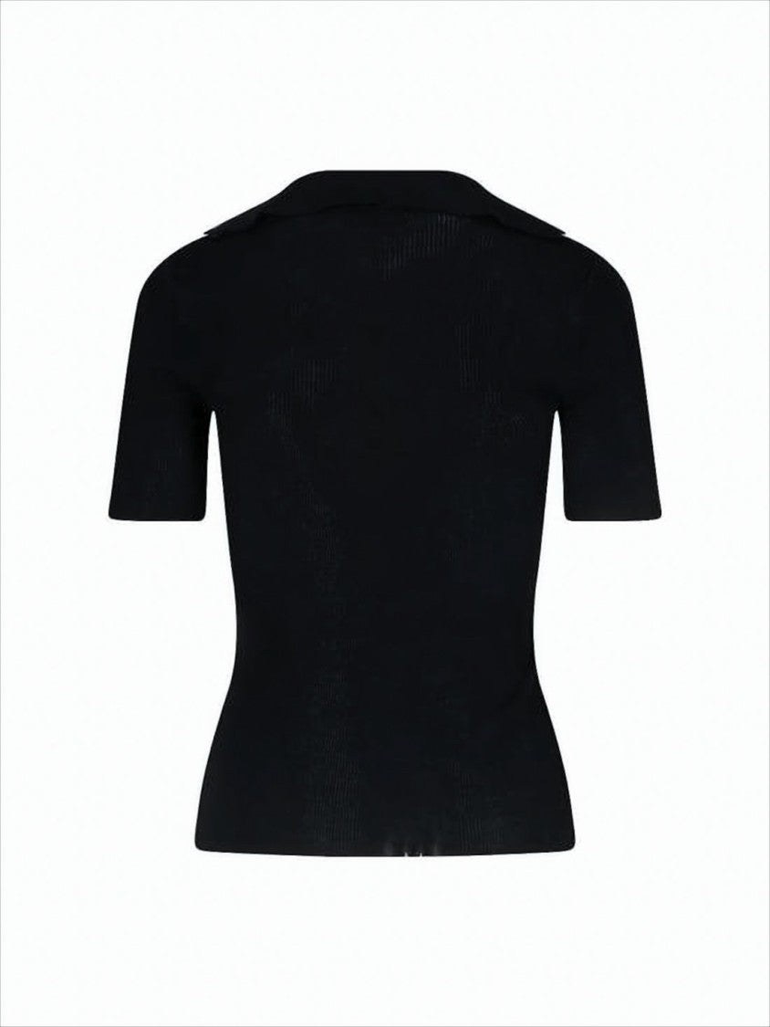 Fitted Short-Sleeve Sweater with Deep V-Neck and Emblem