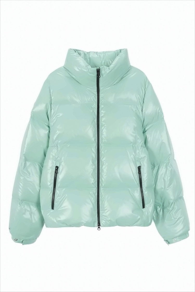Cropped Green Puffer Jacket With High Collar And Glossy Finish