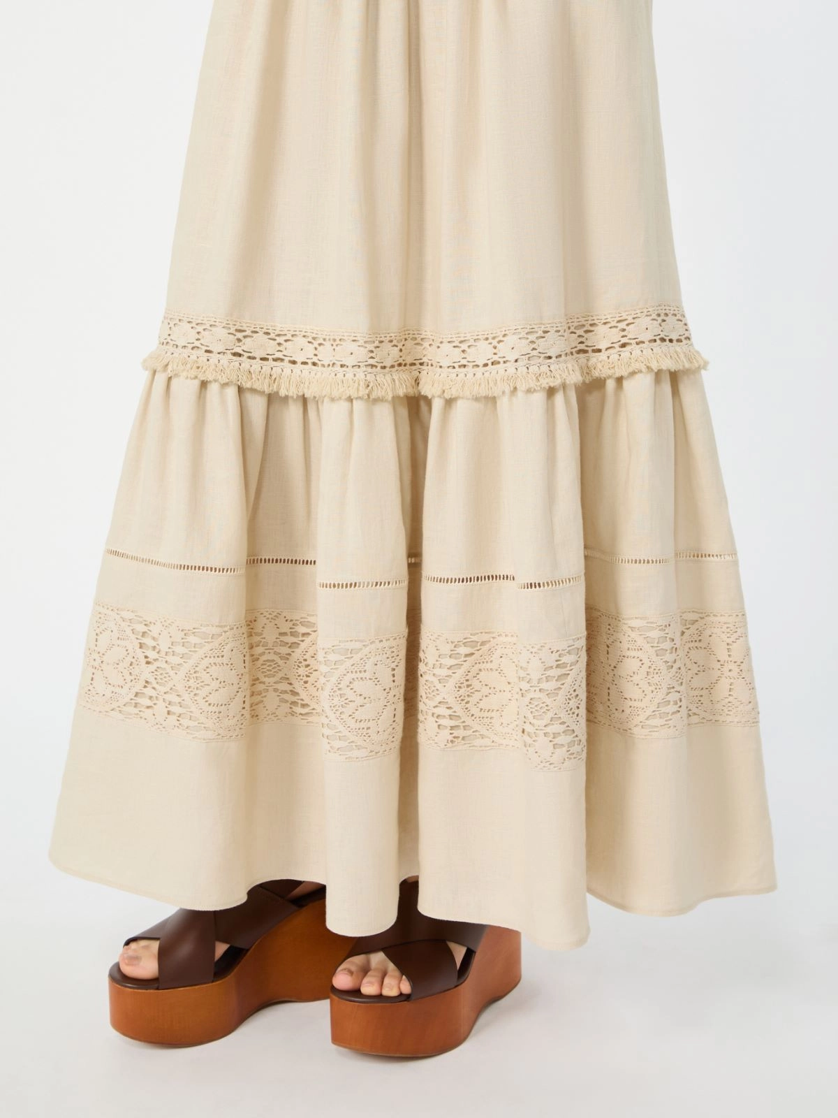 Tiered Midi Skirt with Lace Inserts