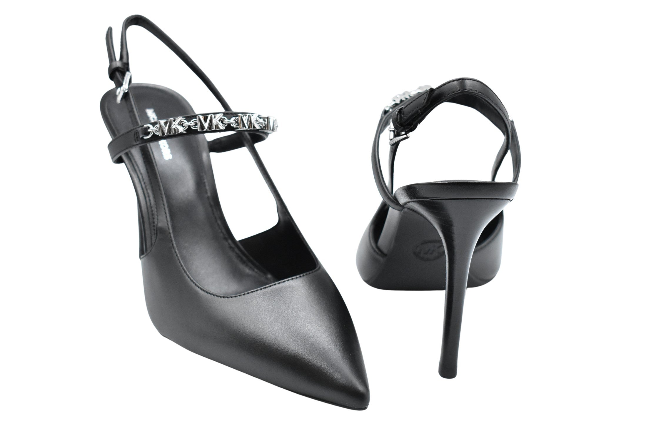 Pointed-Toe Slingback Pumps With Silver Accents