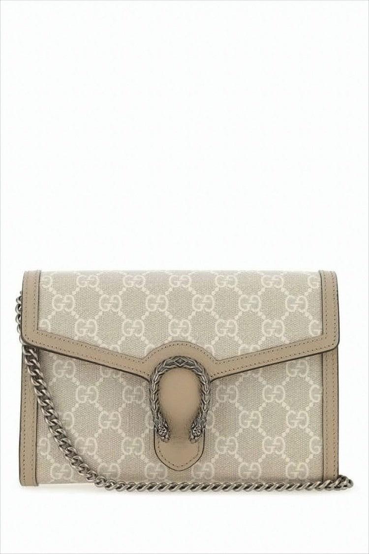 Beige Canvas Wallet with Interlocking G Pattern and Chain Strap