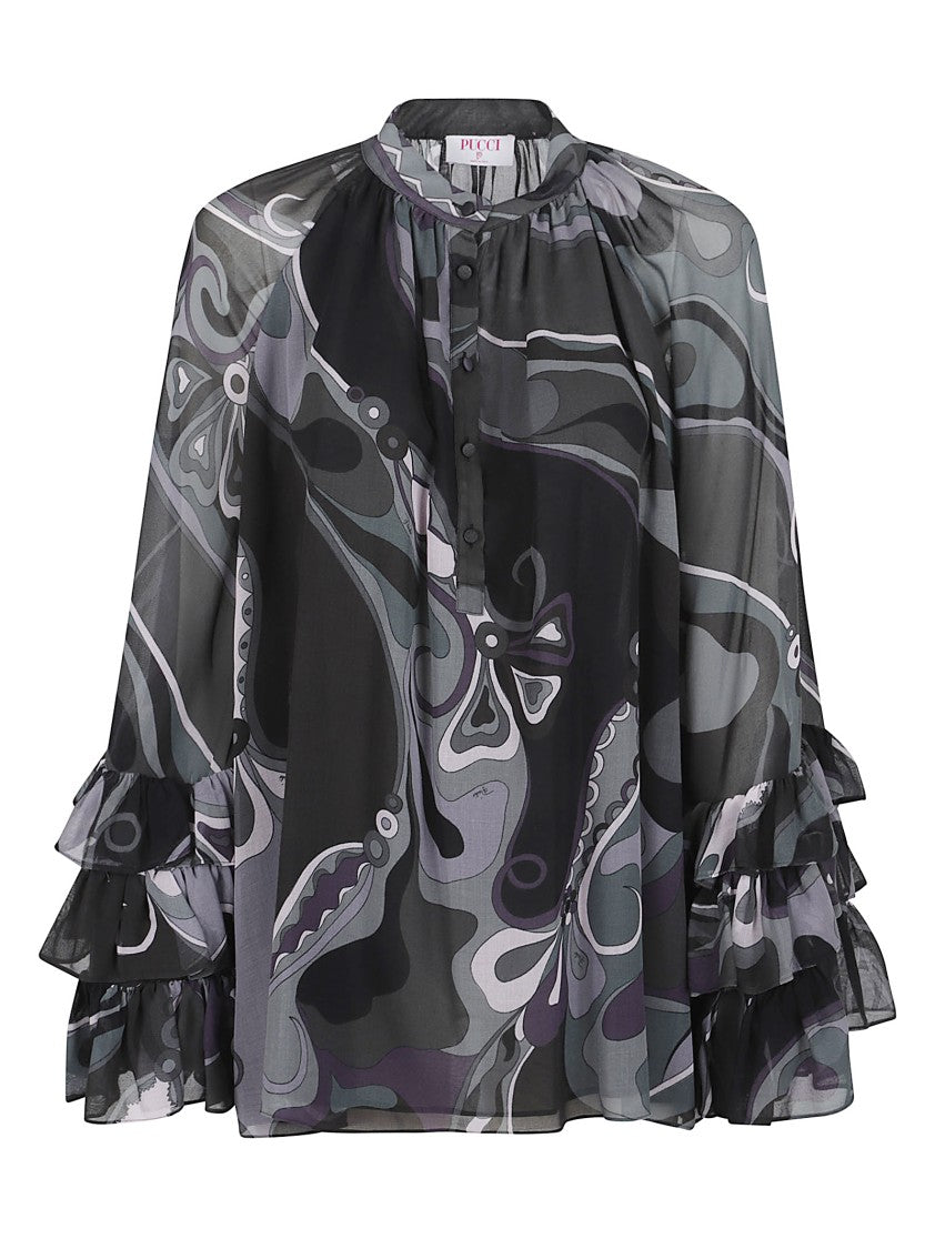 Sheer Silk Blouse with Abstract Swirling Pattern