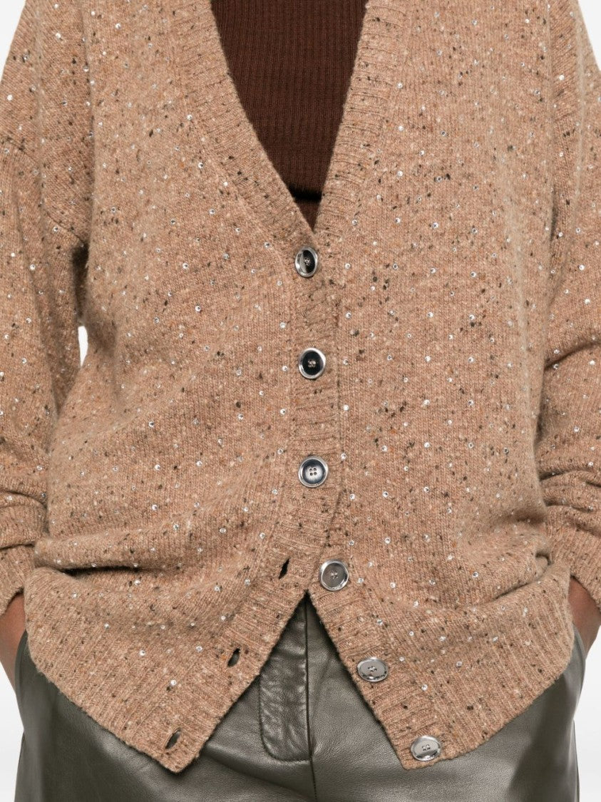 Camel Wool-Blend Sweater with V-Neckline