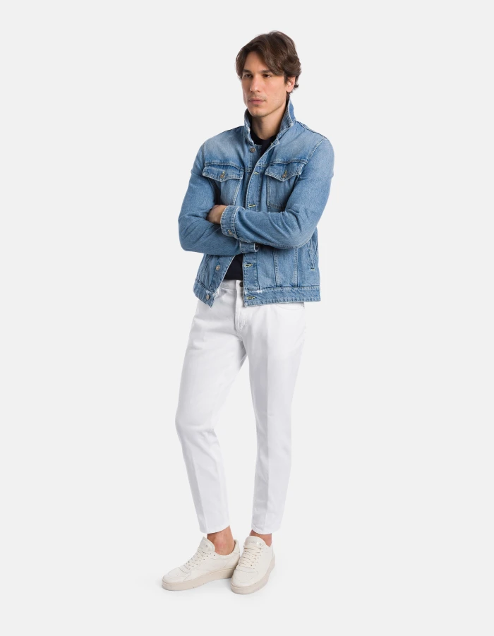 Medium Blue Wash Denim Jacket with Button-Up Front