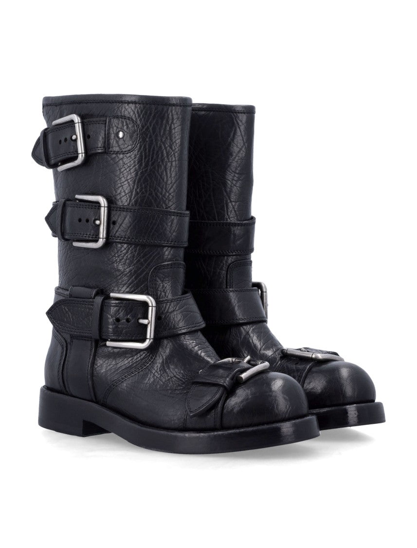 Black Leather Biker Boots With Buckles