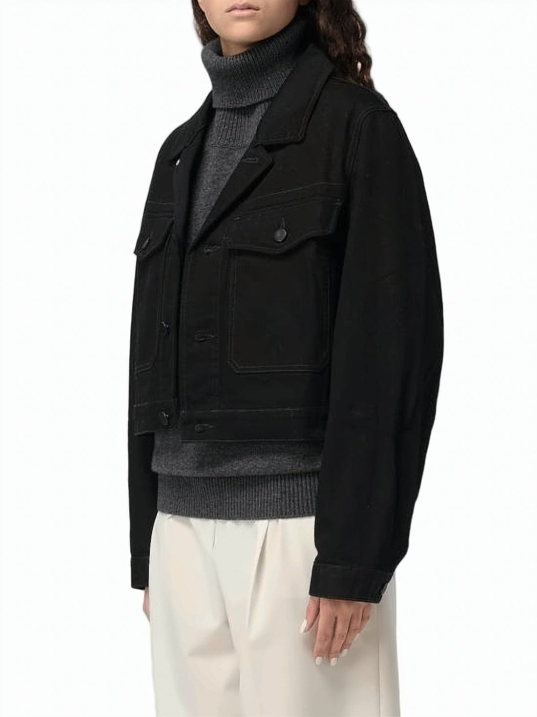 Cropped Black Cotton Shirt Jacket