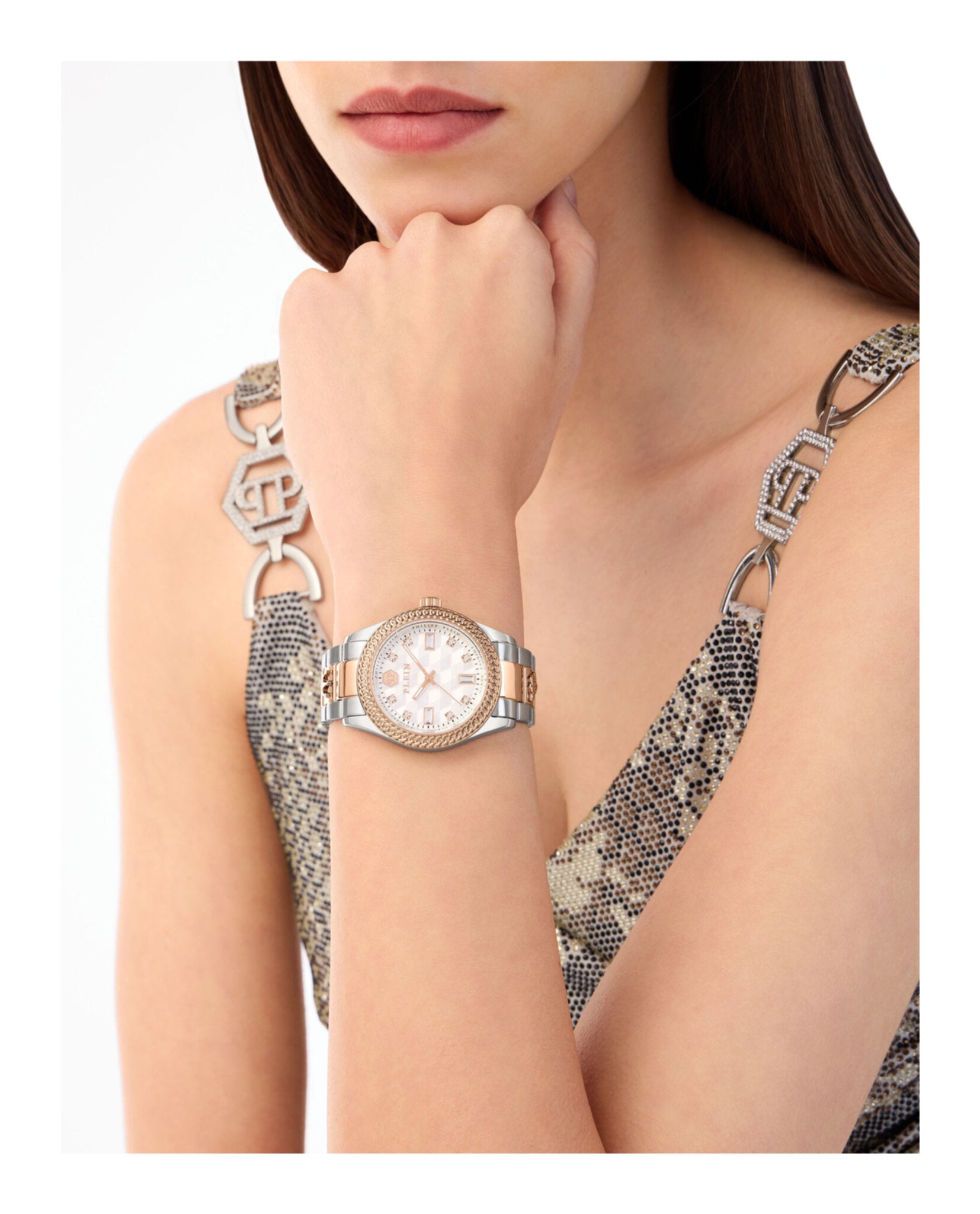 Two-Tone Crystal-Accented Timepiece with Deployant Buckle