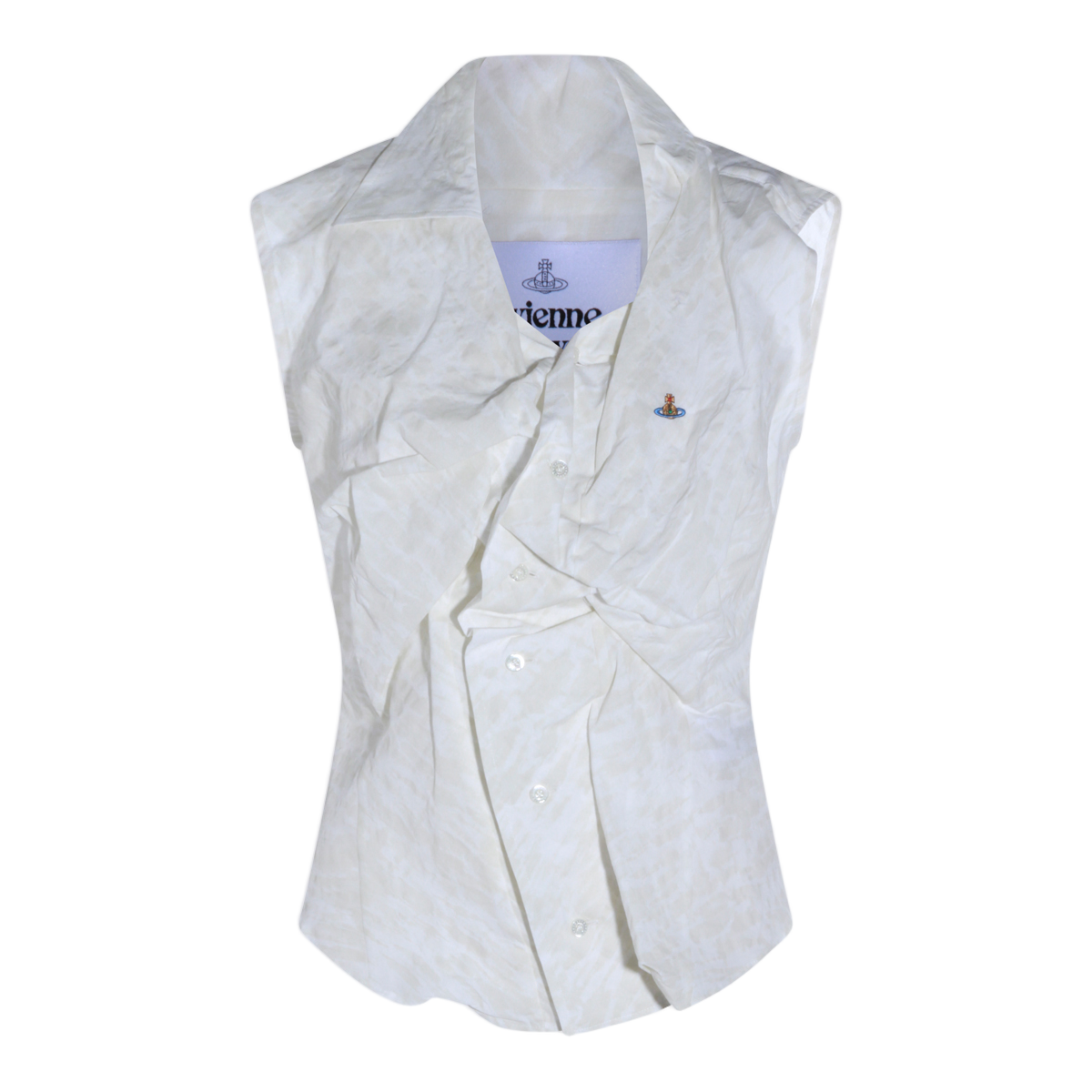 Sleeveless White Shirt with Draped Front