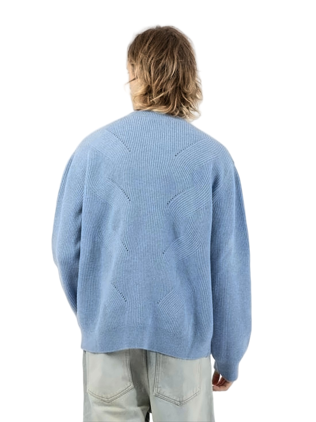 Light Blue Ribbed Knit Sweater with Distressed Neckline
