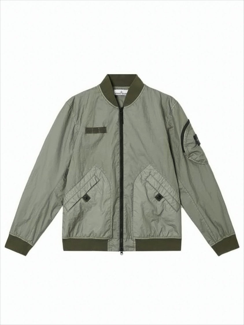 Lightweight Crinkled Texture Bomber Jacket with Flap Pockets