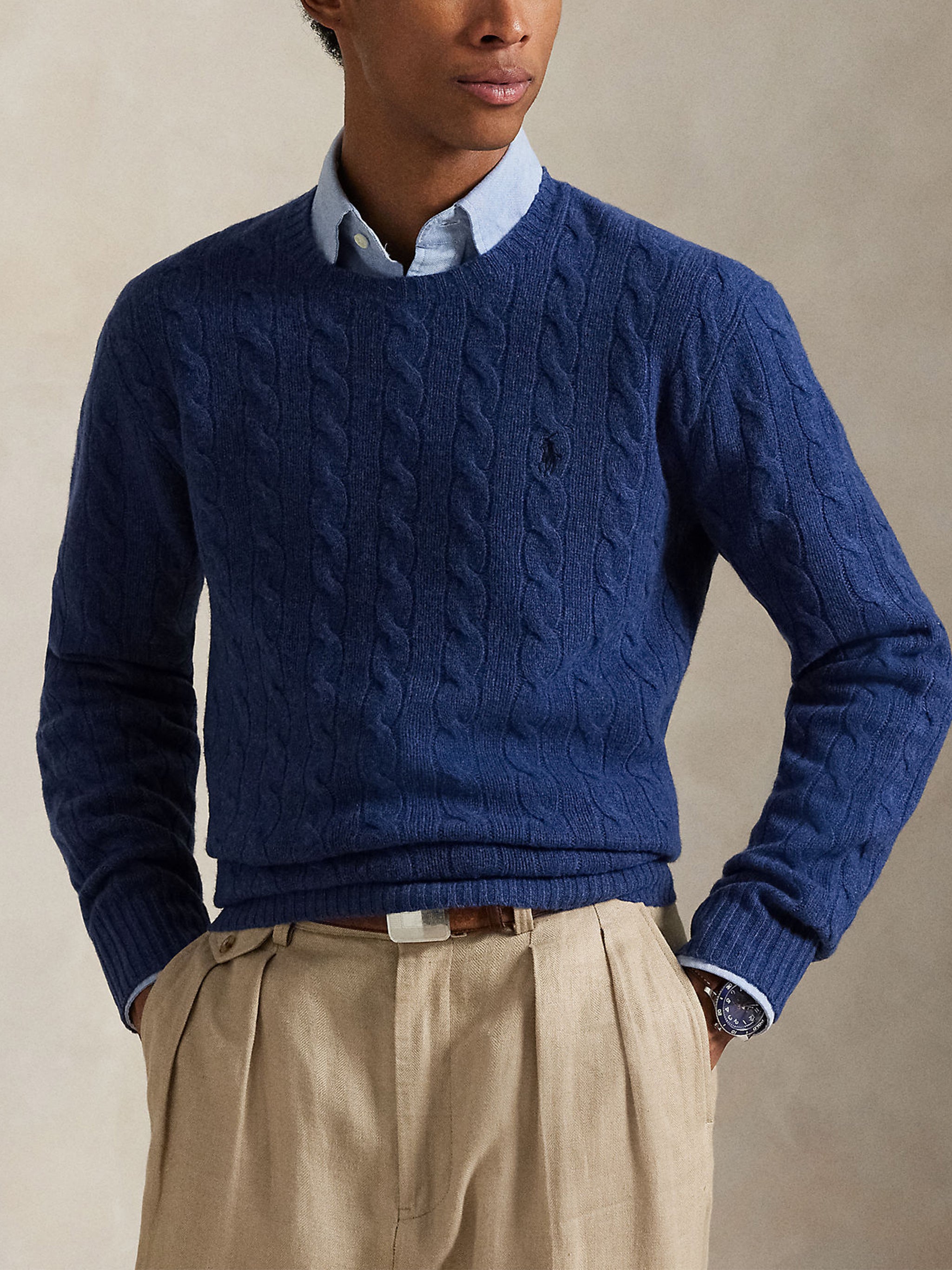 Blue Pullover Cable Knit Cotton Sweater