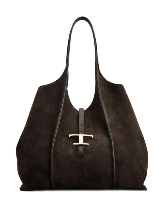 Soft-Structured Brown Suede Shoulder Bag with T-Buckle Closure