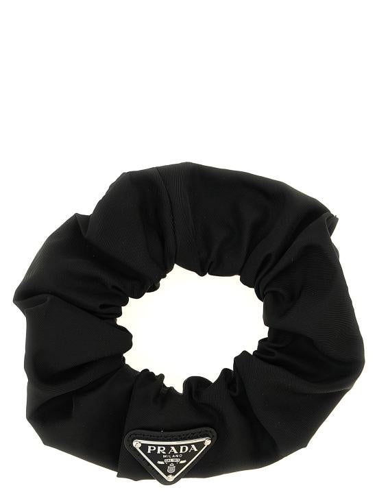 Gathered Fabric Black Scrunchie With Logo Detail