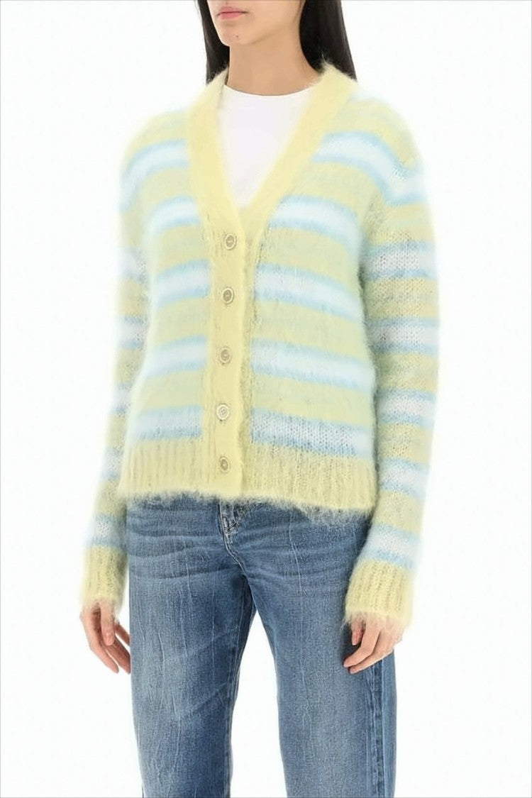 Textured Mohair Blend Cardigan with Horizontal Stripes