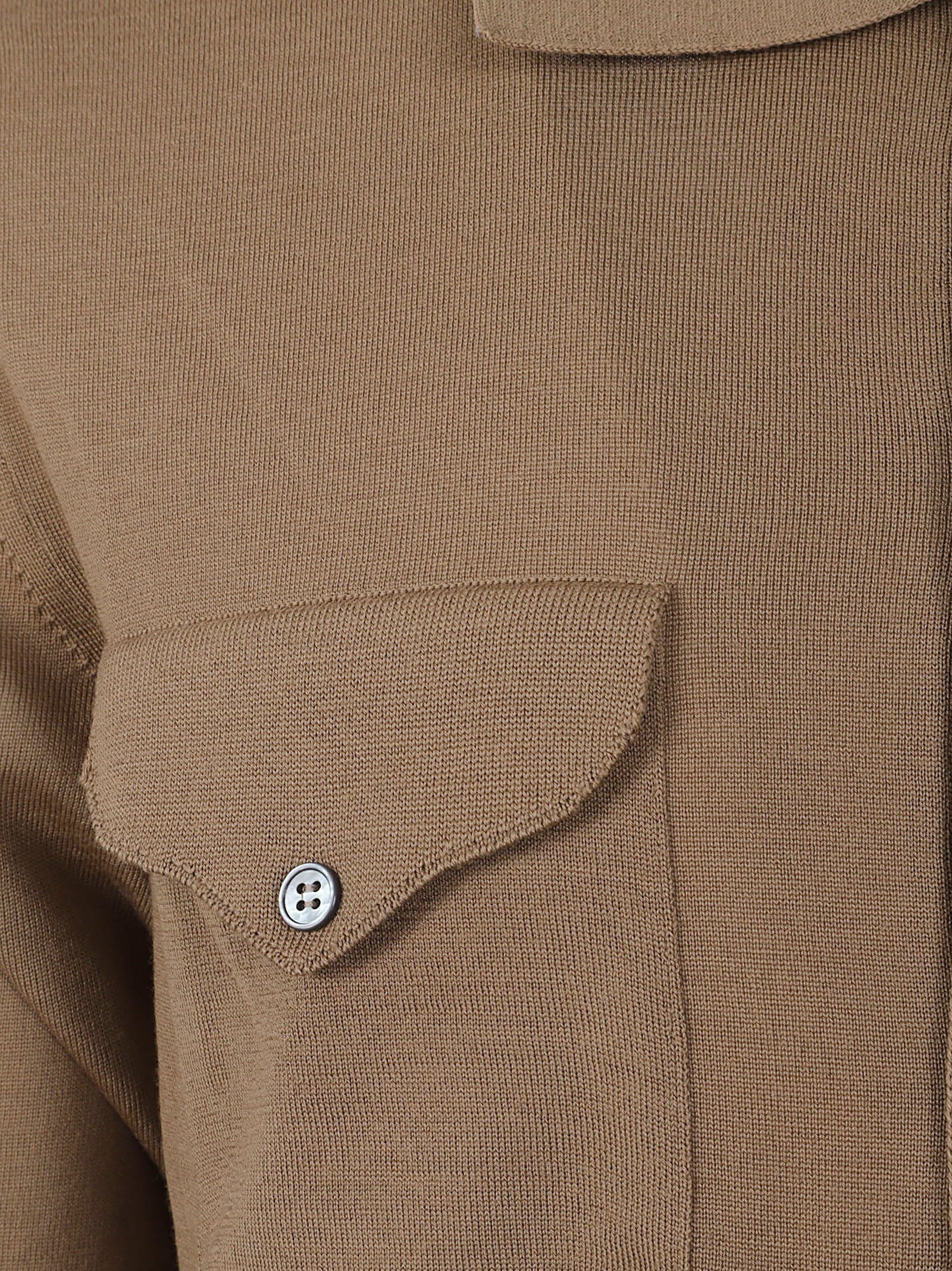 Wool Knit Short-Sleeve Shirt with Polo Collar and Flap Pockets