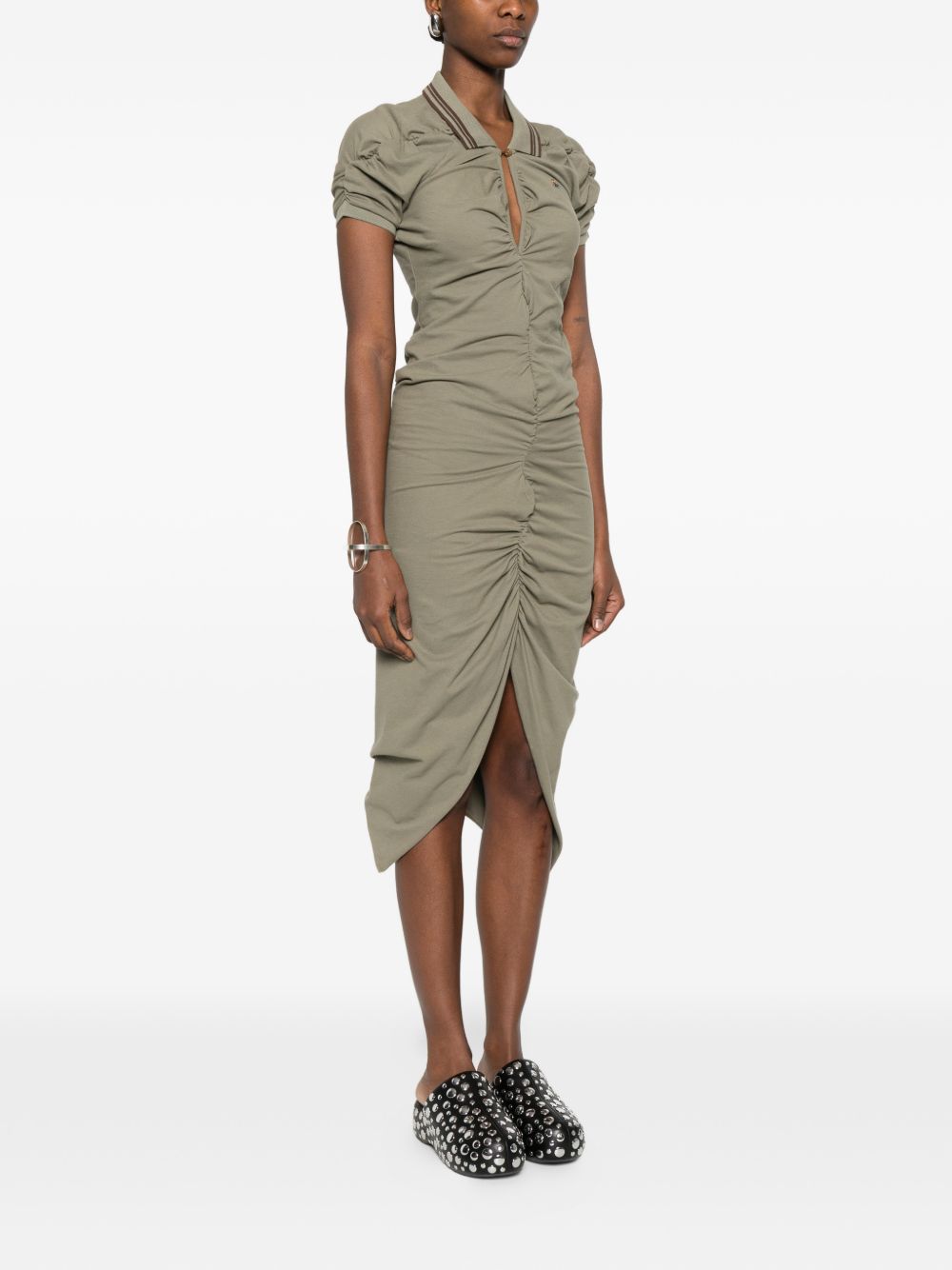 Fitted Green Midi Dress With Ruched Detailing And Polo Collar