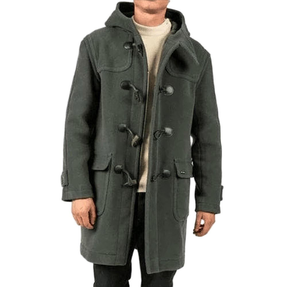 Mid-Length Hooded Jacket With Toggle Button Closure And Adjustable Cuffs