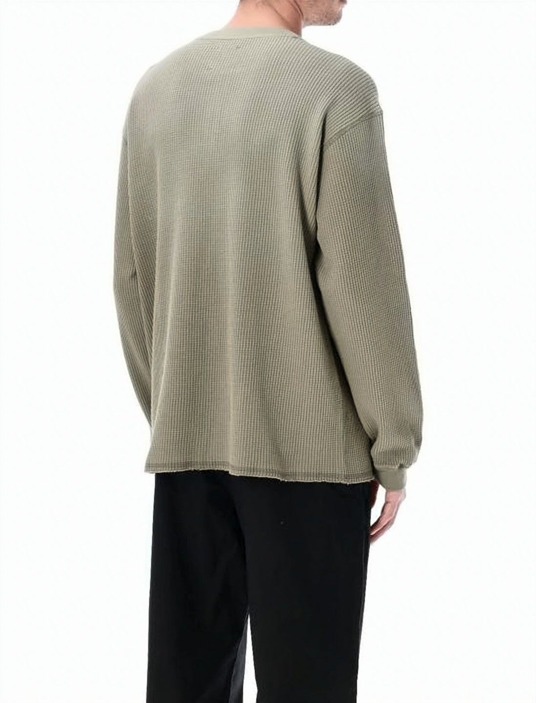 Long-Sleeve Waffle Knit Top with Buttoned Placket
