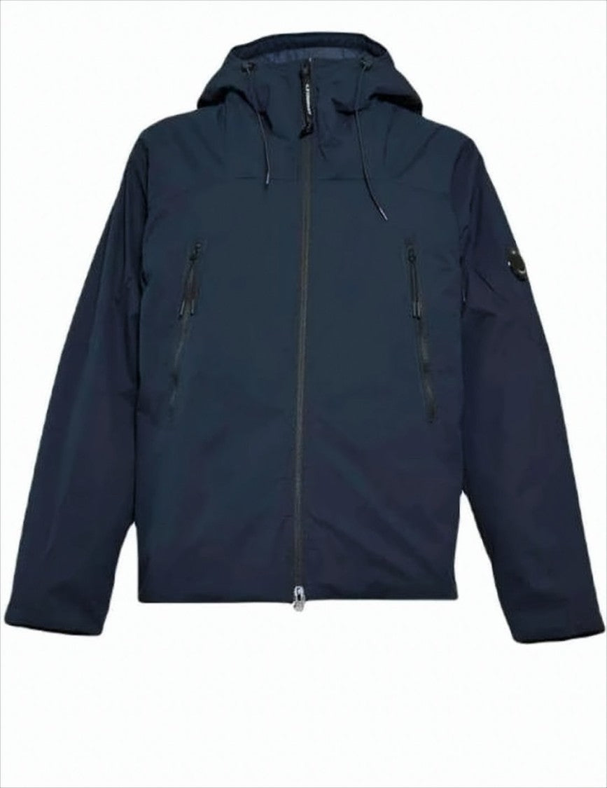 Blue Polyester Jacket With Adjustable Hood And Logo Patch