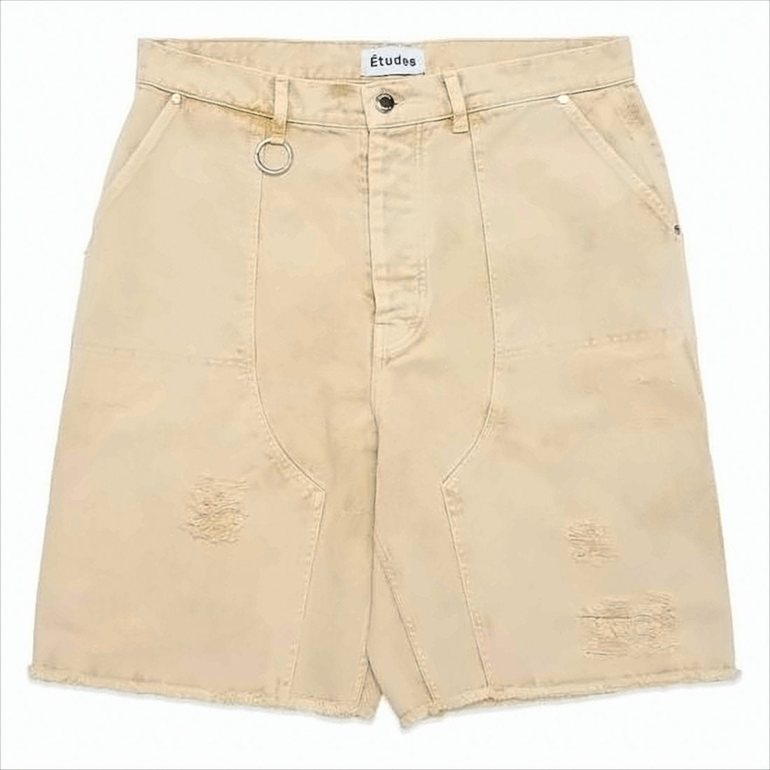 Light Beige Distressed Casual Shorts With Raw Hem