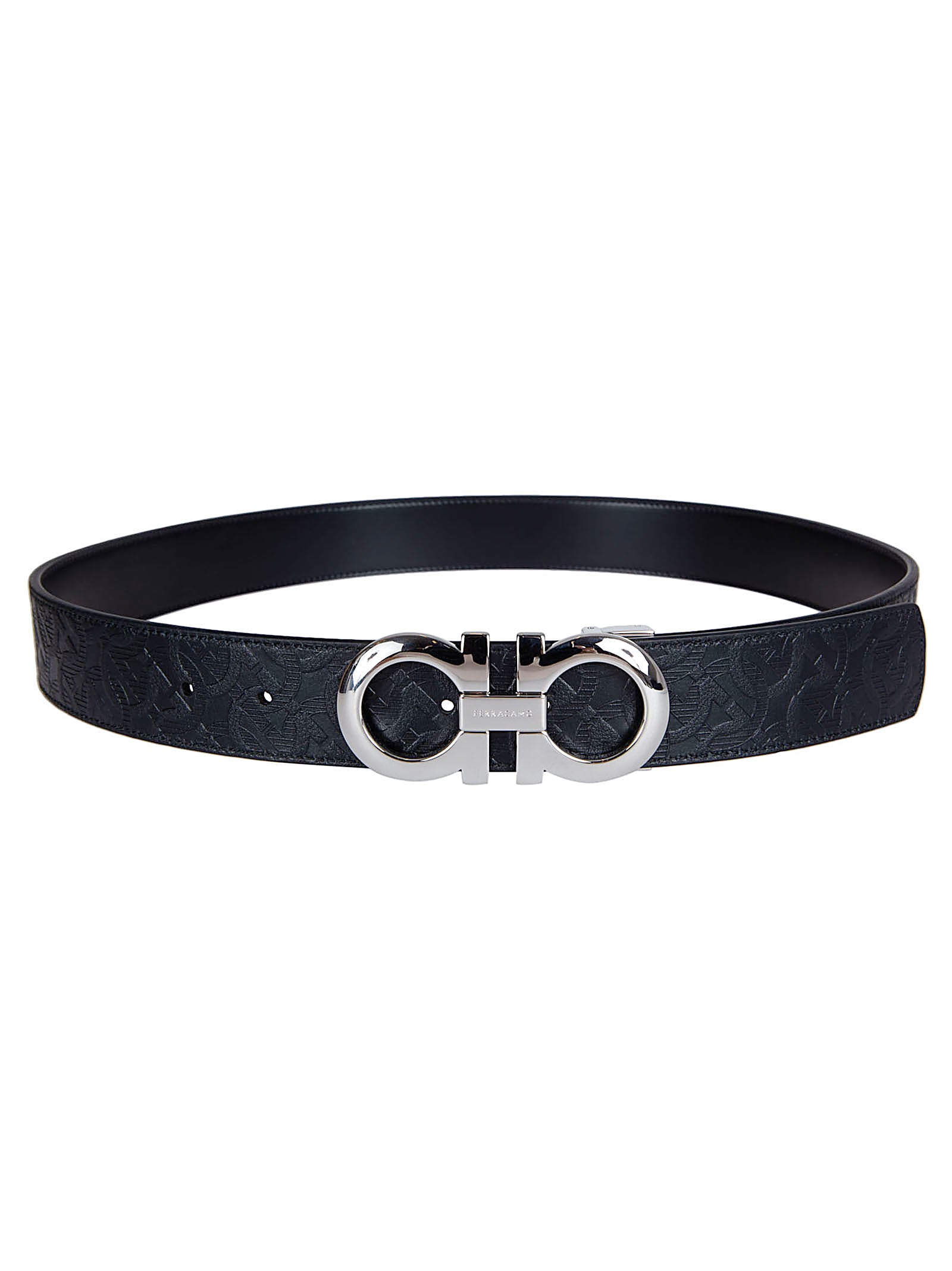 Embossed Black Leather Belt with Interlocking Buckle