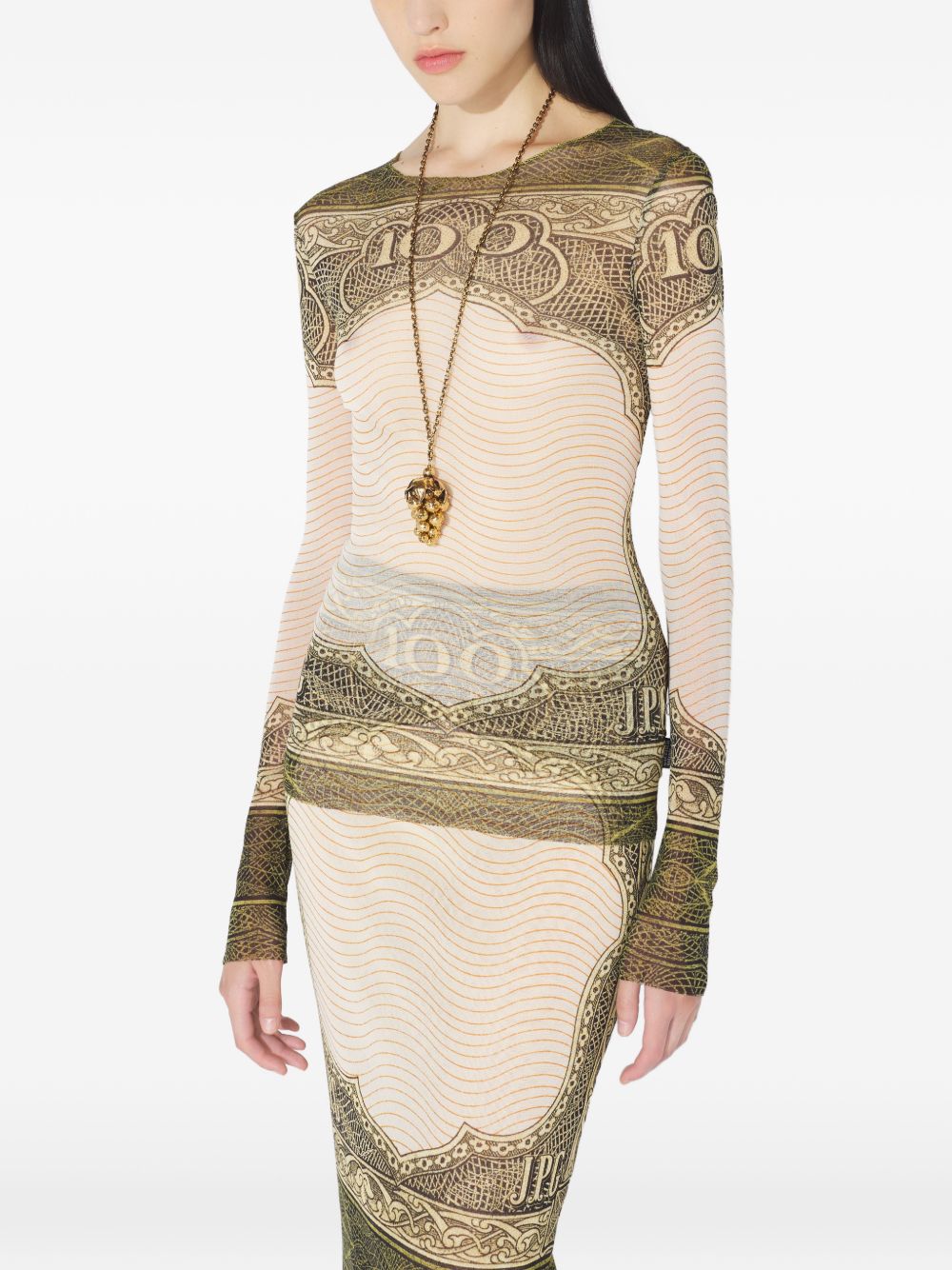 Long-Sleeved Sheer Top With Vintage Currency Print