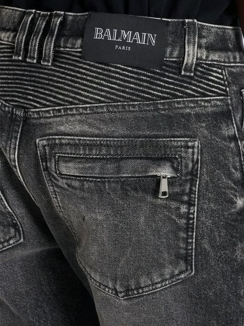 Slim Fit Distressed Denim Pants with Ribbed Detailing