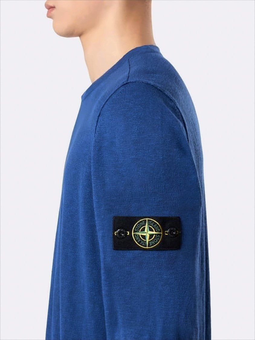 Crew Neck Blue Sweater With Unique Sleeve Logo